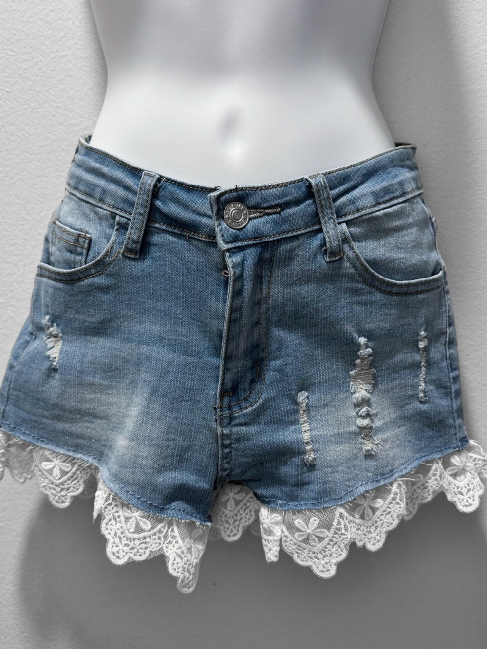 SHEIN Distressed Denim Lace Trim Shorts Size 26